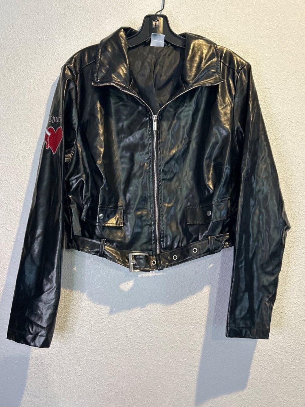 Chucky Tiffany Universal Black Faux Leather Jacket Red Heart Knife Sz LARGE